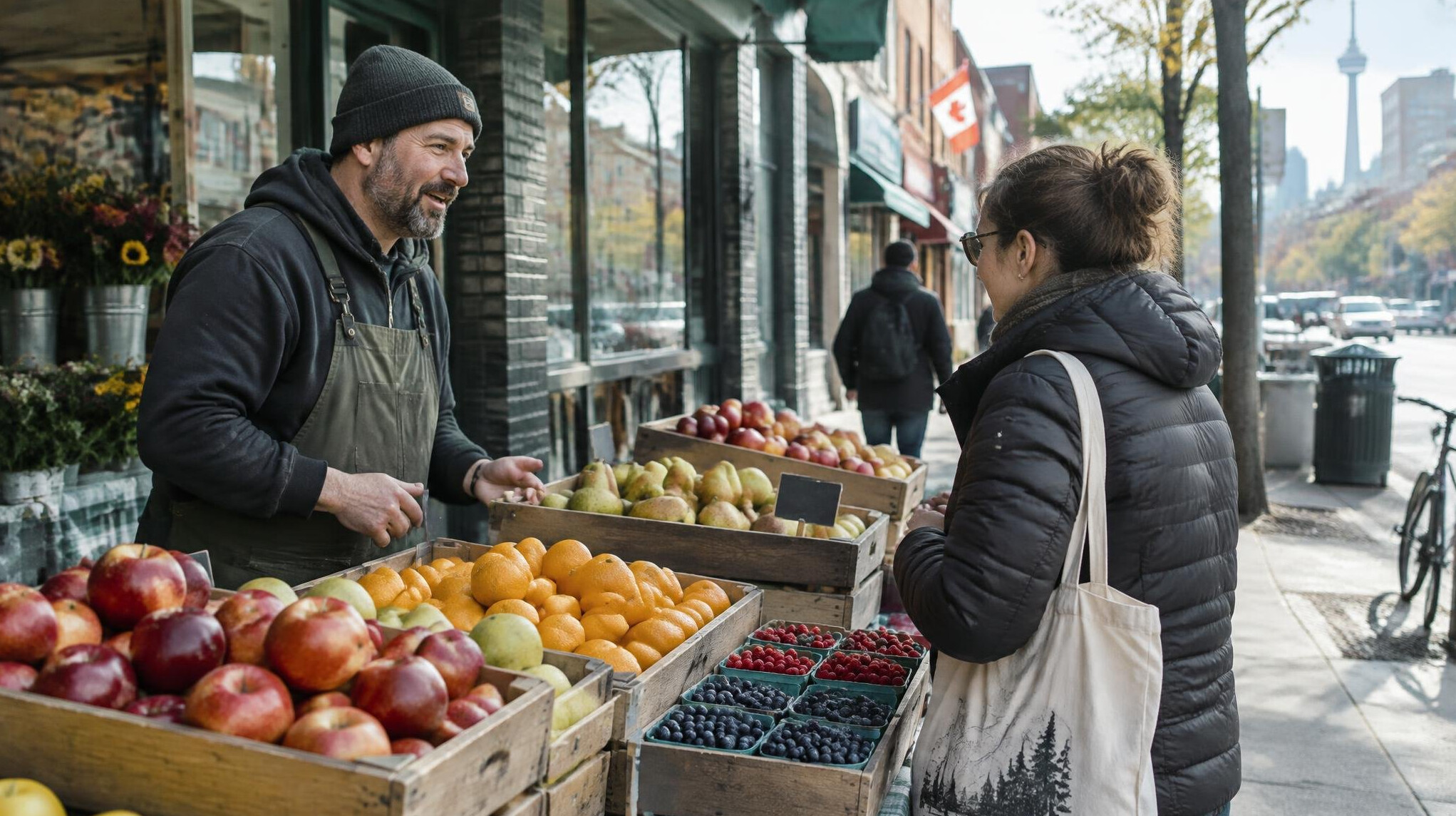 Vendors and shoppers at an outdoor city market stall
