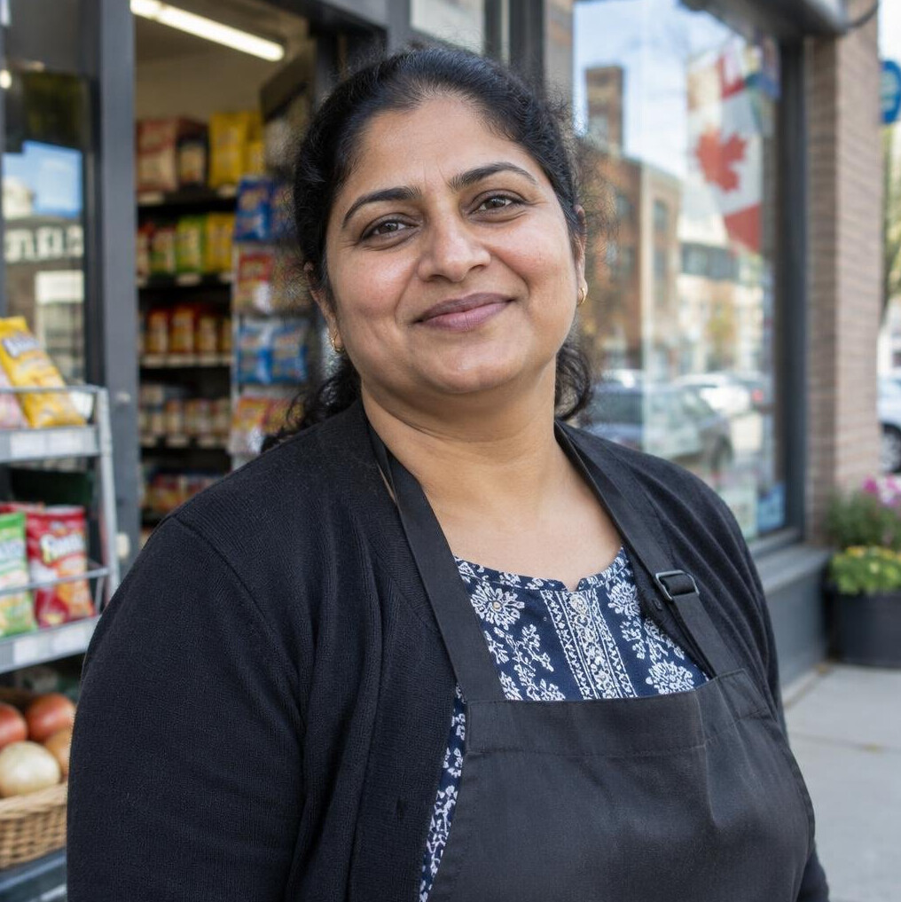 Portrait of a South Asian woman smiling in front of a storefront